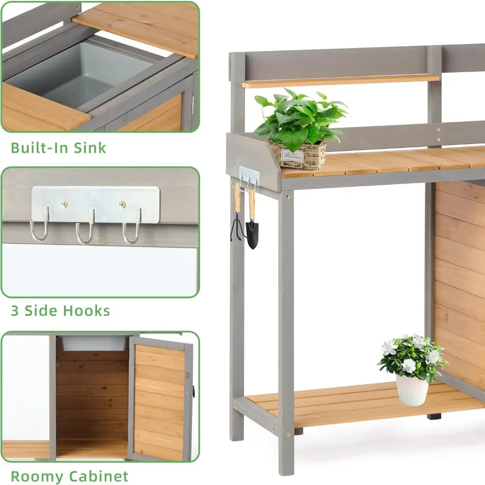 Guangbai Wooden Potting Bench With Sink And Storage