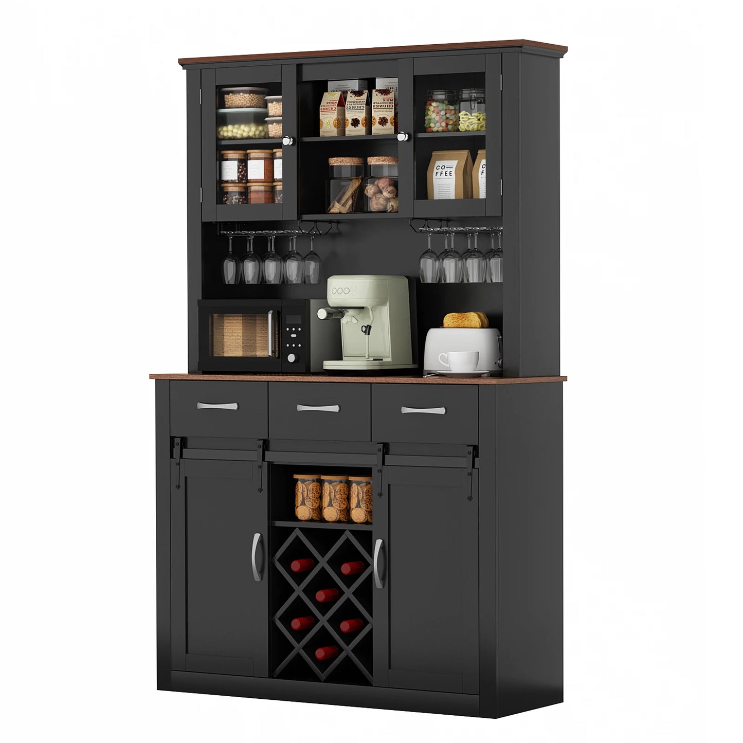 VOWNER Farmhouse Bar Cabinet Sliding Barn Doors Wine Racks