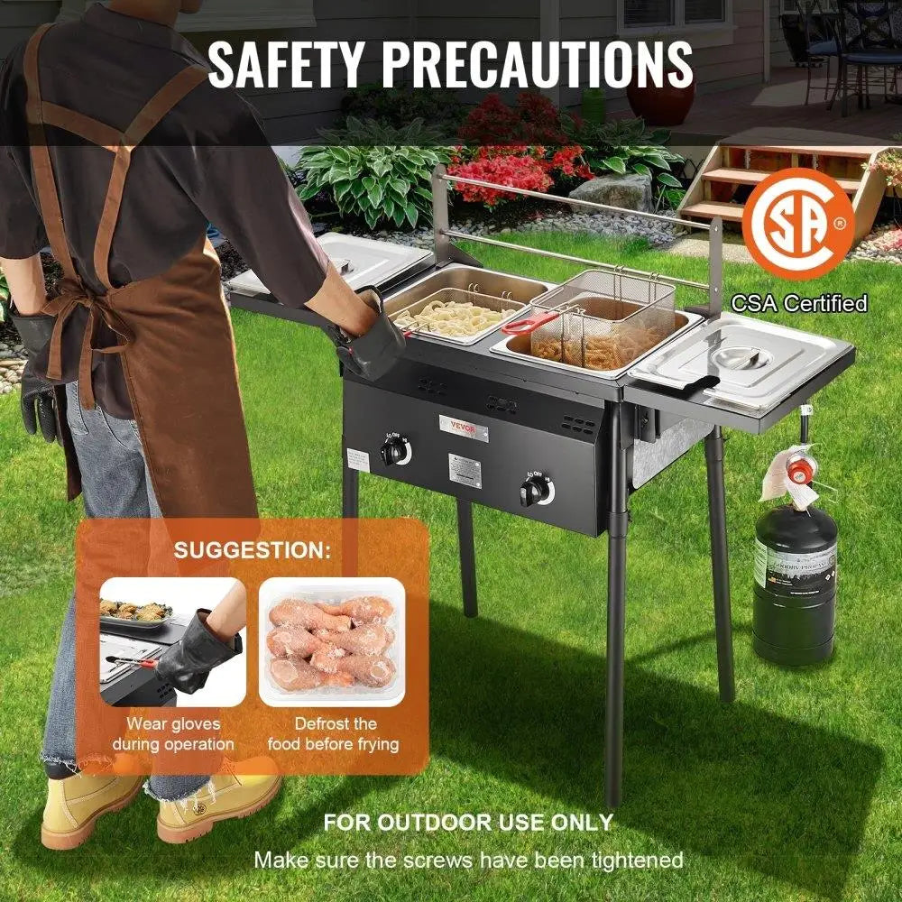 For outdoor Propane Deep Fryer 16 Qt Stainless Steel Double Commercial Fryer with Removable Baskets Lids Tanks