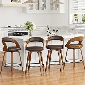Set Of 4 Swivel Bar Stools Walnut Wood Leather Upholstered