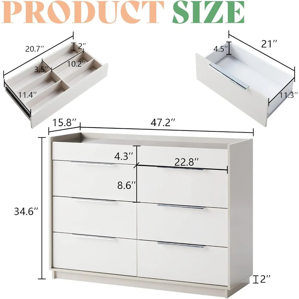 47.2" 8 Drawer Dresser with LED Light, Modern High Gloss Chest of Drawers with Glass Tabletop & 2 Six-Grid Jewelry Drawers, for
