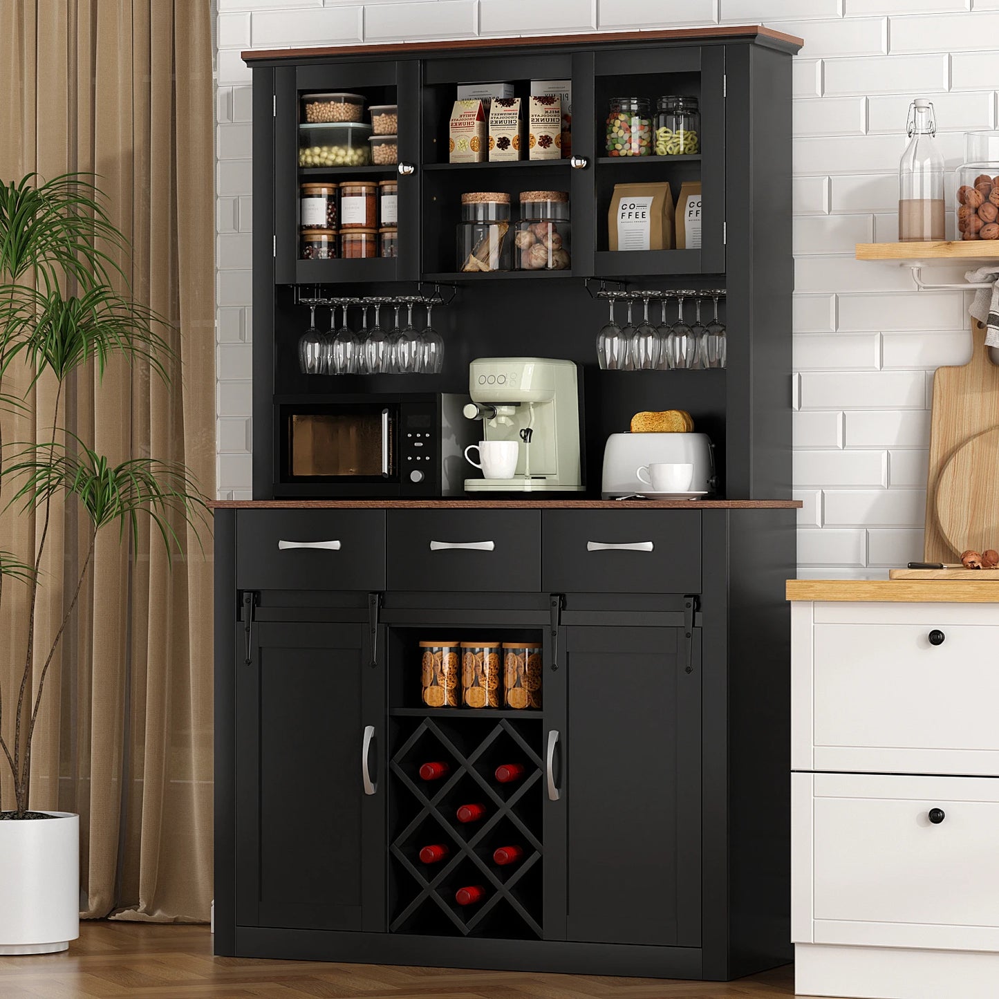 VOWNER Farmhouse Bar Cabinet Sliding Barn Doors Wine Racks