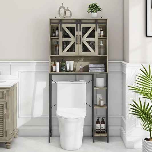 Vabches Over the Toilet Storage Cabinet Farmhouse Bathroom Storage Cabinet with Sliding Barn Door&Metal Legs Toilet Rack Laundry