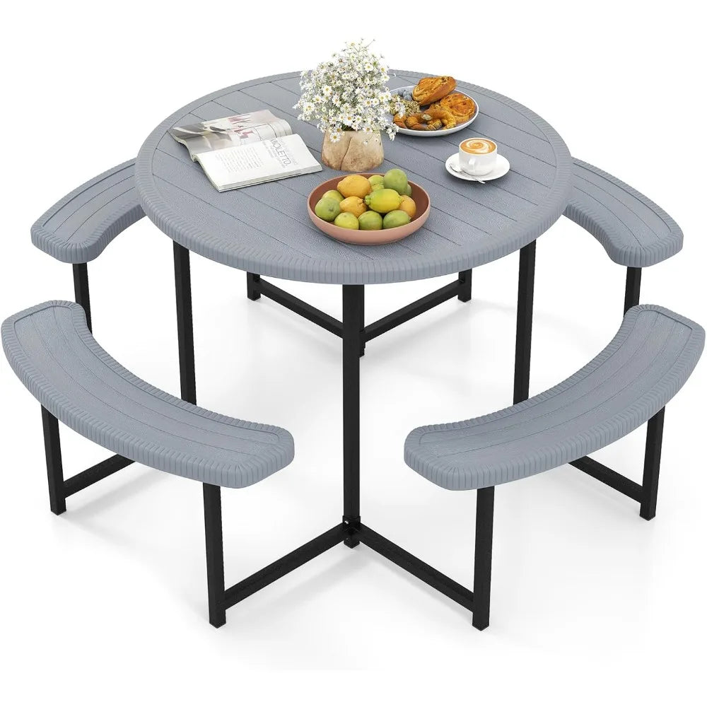 HDPE Outdoor Round Table And Bench Set With Umbrella Hole