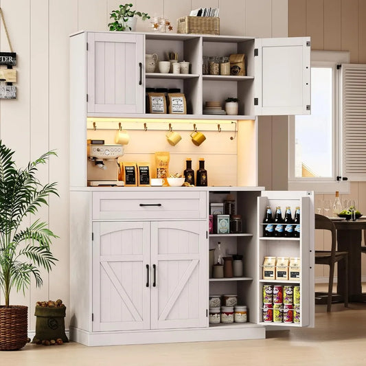 Pantry Cabinet With LED Light Outlet Microwave Shelf