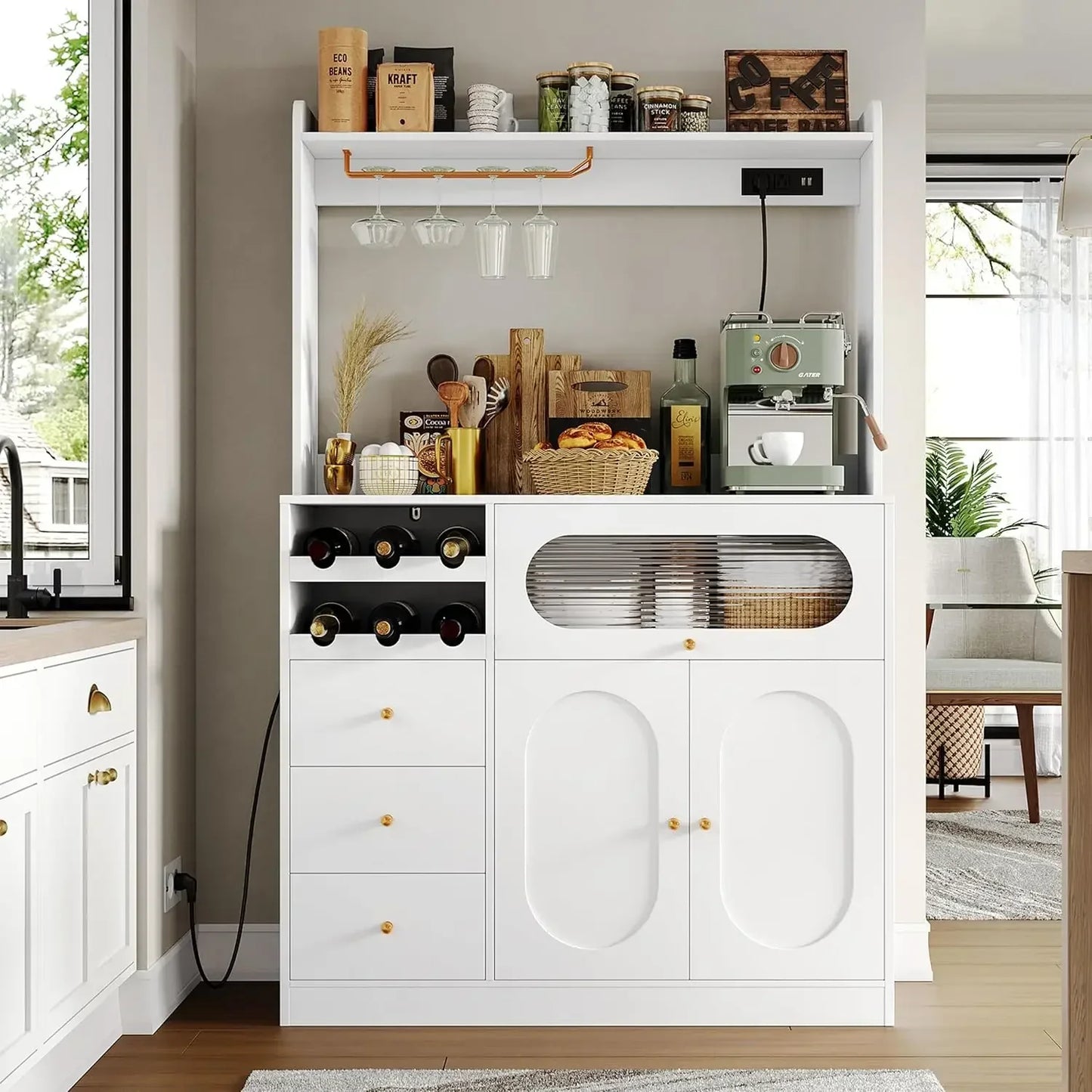 Charge Unit Kitchen Pantry Cabinet With Hutch And Wine Racks