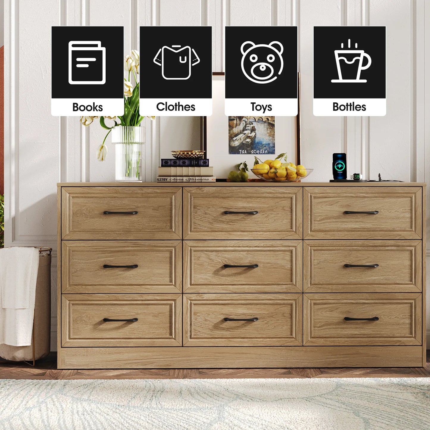 Vabches Wood Dresser for Bedroom 9 Drawer Dresser with Power Outlet&Metal Handles Chest of Drawers Storage Organizer for Hallway
